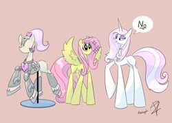 Size: 1200x857 | Tagged: safe, artist:aragón, fleur-de-lis, fluttershy, pegasus, pony, unicorn, g4, armor, concave belly, denied, duo, duo female, female, flutter de lis, height difference, horn, lesbian, long legs, mannequin, shipping, slender, sparkles, speech bubble, tall, thin