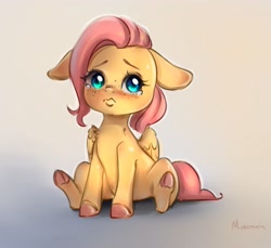 Size: 3065x2810 | Tagged: safe, artist:miokomata, fluttershy, pegasus, pony, g4, blushing, colored hooves, cute, floppy ears, freckles, freckleshy, frown, gradient background, hooves, pouting, sad, sadorable, shyabetes, sitting, solo, teary eyes, underhoof