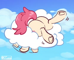 Size: 1100x900 | Tagged: safe, artist:cuiicie, oc, oc only, oc:strawberry splash, pegasus, pony, butt, butt focus, buttstuck, cloud, female, hoof heart, mare, on a cloud, plot, sky, solo, stuck, underhoof