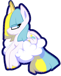 Size: 552x681 | Tagged: safe, artist:kharmacal, oc, oc only, oc:wishing star, unicorn, bangs, blue eyes, cloud, colored hooves, eye clipping through hair, eyelashes, glowing, glowing horn, hooves, horn, leonine tail, looking back, looking offscreen, lying down, lying on a cloud, on a cloud, profile, rectangular pupil, shading, simple background, sitting, sitting on a cloud, smiling, solo, sticker, straight mane, tail, transparent background, two toned mane, two toned tail, unshorn fetlocks, white coat, yellow hooves, yellow magic