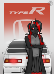 Size: 1400x1900 | Tagged: safe, artist:kreuz, oc, oc only, alicorn, anthro, alicorn oc, anthro oc, car, clothes, coat, female, honda, horn, poster, red and black mane, red and black oc, shy, solo, standing, vehicle, wings