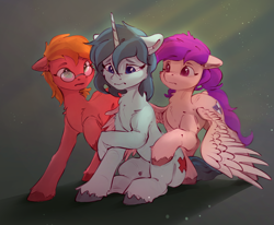 Size: 2432x2004 | Tagged: safe, artist:itssim, oc, oc only, oc:amanita, oc:bitterroot, oc:restricted code, earth pony, pegasus, unicorn, crepuscular rays, dust motes, glasses, horn, nervous, trio