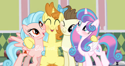 Size: 1228x651 | Tagged: safe, artist:elisabetstarsparkle, cozy glow, pound cake, princess flurry heart, pumpkin cake, alicorn, pegasus, pony, unicorn, g4, a better ending for cozy, base used, bow, brother and sister, cake twins, eyes closed, female, group, horn, hug, male, mare, older, older cozy glow, older flurry heart, older pound cake, older pumpkin cake, siblings, smiling, stallion, twins