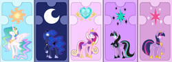 Size: 2260x822 | Tagged: safe, artist:alinamandarina, artist:lunerymish, princess cadance, princess celestia, princess luna, twilight sparkle, oc, oc:twivine sparkle, alicorn, pony, g4, base used, blank eyes, female, group, mare, older, older twilight, older twilight sparkle (alicorn), slender, thin, twilight sparkle (alicorn)