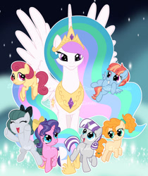 Size: 827x986 | Tagged: safe, artist:sunlightshimmer64, cloudy quartz, cookie crumbles, pear butter, posey shy, princess celestia, twilight velvet, windy whistles, alicorn, earth pony, pegasus, pony, unicorn, g4, base used, bow, female, filly, filly cloudy quartz, filly cookie crumbles, filly pear butter, filly posey shy, filly twilight velvet, filly windy whistles, foal, group, horn, mare, mom six, smiling, when she smiles, younger