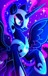 Size: 1312x2048 | Tagged: safe, artist:mazzyna, nightmare moon, alicorn, pony, g4, chestplate, coat markings, ethereal mane, ethereal tail, female, helmet, hoof shoes, horn, mare, night, night sky, raised hoof, sky, solo, spread wings, starry mane, starry night, starry tail, stars, tail, wings