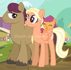 Size: 904x884 | Tagged: safe, artist:sunlightshimmer64, mane allgood, scootaloo, snap shutter, earth pony, pegasus, pony, g4, baby, baby pony, baby scootaloo, bridge, eyes closed, father and child, father and daughter, female, filly, foal, husband and wife, lanky, long legs, male, mare, mother and child, mother and daughter, physique difference, ponyville, ship:maneshutter, shipping, skinny, smiling, stallion, straight, tall, thin, trio, younger