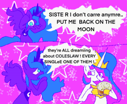 Size: 1900x1563 | Tagged: safe, artist:missing-elixir, princess celestia, princess luna, alicorn, pony, g4, abstract background, animated, coleslaw, dialogue, duo, duo female, female, frame by frame, frown, hoof hold, loop, mare, no catchlights, no pupils, open mouth, royal sisters, siblings, sisters, smiling, smirk, smug, speech bubble, spread wings, squigglevision, wat, wide eyes, wings