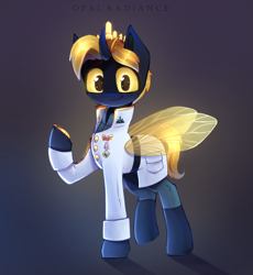 Size: 2758x3000 | Tagged: safe, artist:opal_radiance, oc, oc only, oc:moon sparks, changeling, changeling oc, changelingified, clothes, jewelry, looking at you, medal, pocket watch, solo, species swap, tiara, uniform, yellow changeling