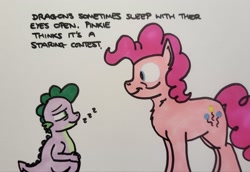 Size: 2048x1406 | Tagged: safe, artist:hoofclid, pinkie pie, spike, dragon, earth pony, pony, g4, chest fluff, duo, duo male and female, female, male, mare, marker drawing, sleeping, smiling, staring contest, text, traditional art