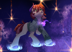 Size: 3500x2500 | Tagged: safe, artist:medkit, oc, oc only, oc:amelia, earth pony, pony, accessory, artfight, bandaid, blue light, chest fluff, clothes, colored ears, colored eyelashes, colored hooves, colored lineart, colored pupils, colored sketch, complex background, ear fluff, ears up, earth pony oc, eye clipping through hair, eyebrows, eyebrows visible through hair, eyes open, female, fringe, full body, galaxy hooves, galaxy horns, green eyes, green shirt, head up, heart shaped, high res, hoof fluff, hooves, horns, jewelry, leg fluff, lightly watermarked, looking at something, magic, mare, necklace, orange light, paint tool sai 2, purple light, quadrupedal, raised hoof, red mane, red tail, shading, shirt, shooting star, signature, sketch, smiling, solo, space, spell, standing, starry sky, stars, sternocleidomastoid, tail, three quarter view, two toned mane, two toned tail, wall of tags, watermark
