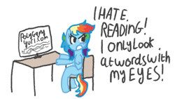 Size: 828x468 | Tagged: safe, artist:zoeyhorse, rainbow dash, pegasus, pony, g4, anatomically incorrect, dialogue, female, incorrect leg anatomy, mare, monitor, simple background, sitting, solo, white background