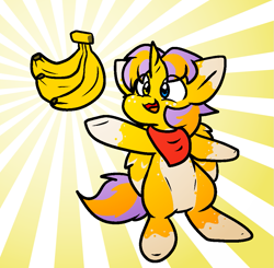 Size: 997x977 | Tagged: safe, artist:zutcha, oc, oc only, alicorn, pony, banana, bandana, bipedal, cute, eye clipping through hair, food, happy, heterochromia, male, ocbetes, open mouth, open smile, smiling, solo, stallion, sunburst background