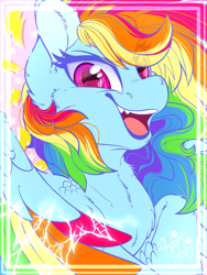 Size: 1536x2048 | Tagged: safe, artist:thehaywaiianhorse, rainbow dash, pegasus, pony, g4, border, bust, colored wings, eye clipping through hair, eyebrows, eyebrows visible through hair, female, fluffy, lightning, looking at you, mare, multicolored wings, open mouth, open smile, partially open wings, rainbow wings, signature, smiling, smiling at you, solo, stars, wings
