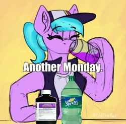 Size: 1438x1415 | Tagged: safe, artist:reddthebat, azure velour, earth pony, pony, g4, bust, cough syrup, drink, drinking, eyebrows, eyebrows visible through hair, eyes closed, female, hoof hold, lean, magnetic hooves, mare, soda, solo, sprite (drink), text