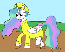 Size: 2000x1600 | Tagged: safe, artist:amateur-draw, princess celestia, alicorn, g4, clothes, female, hat, mud, muddy, muddy hooves, raincoat, solo