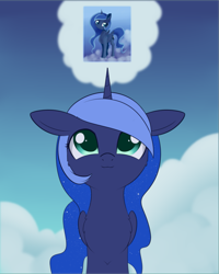 Size: 1675x2092 | Tagged: safe, artist:dusthiel, princess luna, alicorn, pony, g4, atg 2024, cloud, female, folded wings, horn, mare, newbie artist training grounds, solo, thought bubble, wings