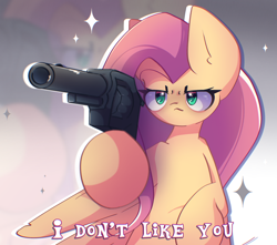 Size: 2150x1900 | Tagged: safe, artist:miryelis, fluttershy, pegasus, pony, g4, big ears, female, flutterbitch, gun, handgun, hoof hold, human shoulders, impossibly large ears, long hair, looking at you, mare, meme, raised hoof, revolver, serious, solo, sparkles, text, weapon, zoom layer