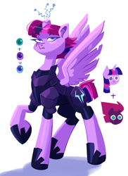 Size: 1467x2018 | Tagged: safe, artist:irisikiki, tempest shadow, twilight sparkle, oc, alicorn, pony, g4, armor, broken horn, concave belly, eye scar, facial scar, female, fusion, fusion:tempest shadow, fusion:twilight sparkle, horn, magic, mare, raised hoof, scar, simple background, slender, sparks, spread wings, storm guard armor, thin, white background, wings