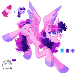 Size: 1880x1813 | Tagged: safe, artist:irisikiki, pinkie pie, twilight sparkle, oc, alicorn, earth pony, pony, g4, bisexual pride flag, female, fusion, fusion:pinkie pie, fusion:twilight sparkle, grin, mare, pride, pride flag, simple background, smiling, solo, twilight sparkle (alicorn), white background