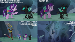 Size: 2000x1125 | Tagged: safe, edit, edited screencap, editor:quoterific, screencap, discord, starlight glimmer, thorax, trixie, changeling, draconequus, pony, unicorn, g4, season 6, to where and back again, backpack, changeling hive, female, horn, male, mare