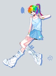 Size: 927x1257 | Tagged: safe, artist:yaocengmei, rainbow dash, human, g4, clothes, female, gray background, human female, humanized, light skin, simple background, skirt, solo