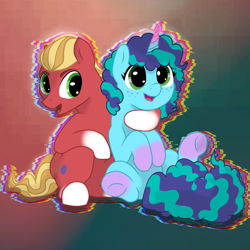 Size: 1280x1280 | Tagged: safe, artist:lyutik, misty brightdawn, sprout cloverleaf, earth pony, pony, unicorn, g5, duo, duo male and female, female, gradient background, horn, male, mare, ship:mistyclover, shipping, sprout cute, stallion, straight