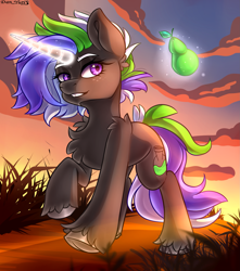 Size: 2007x2271 | Tagged: safe, artist:yuris, oc, oc only, pony, unicorn, ears up, field, food, hooves, horn, looking back, magic, pear, smiling, solo, sunset, telekinesis, trade, walking