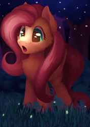 Size: 2894x4093 | Tagged: safe, artist:candy meow, fluttershy, firefly (insect), insect, pegasus, pony, g4, :o, amazed, cheek fluff, chest fluff, female, folded wings, forest, grass, insect on nose, insect on someone, mare, nature, night, open mouth, solo, standing, tree, wide eyes, wings