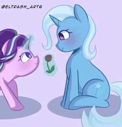 Size: 1958x2048 | Tagged: safe, artist:eltrash_art6, starlight glimmer, trixie, pony, unicorn, g4, blushing, cute, duo, duo female, female, flower, glowing, glowing horn, horn, lesbian, looking at each other, looking at someone, magic, purple background, rose, ship:startrix, shipping, simple background, sitting