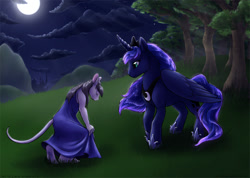 Size: 1000x713 | Tagged: safe, artist:curiodraco, princess luna, alicorn, mouse, pony, anthro, g4, canterlot, cloud, duo, forest, kneeling, moon, nature, night, tree