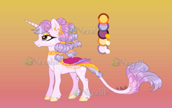 Size: 2400x1513 | Tagged: safe, artist:nazalik, oc, oc only, oc:tiffafiora, unicorn, accessory, clothes, coat markings, colored hooves, ear piercing, earring, eyeshadow, facial markings, female, full body, gold hooves, gradient background, hooves, horn, jewelry, leonine tail, long tail, makeup, mane jewelry, mare, piercing, reference sheet, saddle, solo, standing, tack, tail, unshorn fetlocks, watermark, woman