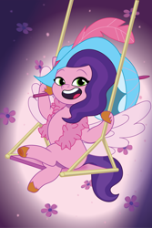 Size: 1200x1800 | Tagged: safe, artist:prixy05, pipp petals, pegasus, pony, g5, my little pony: tell your tale, adorapipp, cute, feather boa, female, flower, hat, mare, open mouth, solo, spread wings, swing, umbrella, wings