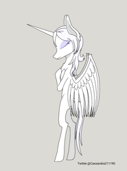 Size: 2000x2700 | Tagged: safe, artist:cassandra211190, oc, oc only, oc:κασσάνδρα, alicorn, pony, alicorn oc, bipedal, gray background, horn, simple background, solo, thin, wings