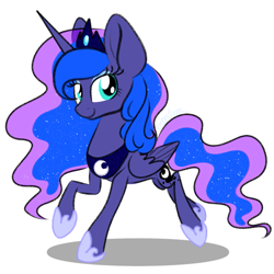 Size: 973x973 | Tagged: safe, artist:astralune, derpibooru exclusive, princess luna, alicorn, pony, g4, concave belly, crown, cute, disproportional anatomy, ethereal mane, folded wings, hoof shoes, jewelry, looking at you, lunabetes, regalia, running, shadow, signature, simple background, smiling, smiling at you, solo, starry mane, thin, transparent background, wings
