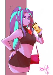 Size: 1400x2000 | Tagged: safe, artist:sozglitch, aria blaze, human, equestria girls, g4, 2d, armpits, bag, belly, belly button, belly piercing, breasts, clothes, drink, female, fingernails, gem, hairband, hand on hip, handbag, looking at you, midriff, miniskirt, nail polish, nails, panties, piercing, siren gem, skirt, sleeveless, solo, thong, tube top, twintails, underwear, wristband