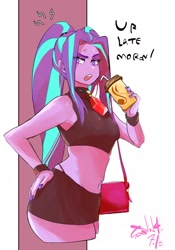 Size: 1400x2000 | Tagged: safe, artist:sozglitch, aria blaze, human, equestria girls, g4, armpits, bag, belly, belly button, belly piercing, breasts, clothes, cross-popping veins, dialogue, drink, emanata, female, fingernails, gem, hairband, hand on hip, handbag, midriff, miniskirt, nail polish, nails, open mouth, panties, piercing, reasonably sized breasts, siren gem, skirt, sleeveless, solo, thong, tube top, twintails, underwear, wristband