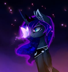 Size: 1487x1576 | Tagged: safe, artist:magnaluna, princess luna, alicorn, butterfly, pony, g4, butterfly on nose, cheek fluff, chest fluff, crown, curved horn, cute, digital art, ear fluff, ethereal mane, female, folded wings, glowing, horn, horn markings, insect on nose, jewelry, looking at something, lunabetes, mare, peytral, profile, regalia, side view, smiling, solo, wings
