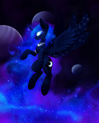 Size: 2346x2925 | Tagged: safe, artist:magnaluna, princess luna, alicorn, pony, g4, body markings, color porn, curved horn, ethereal mane, ethereal wings, female, galaxy mane, glowing, glowing eyes, high res, horn, mare, paws, solo, spread wings, stars, wings