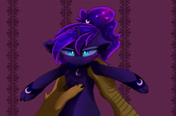 Size: 3400x2245 | Tagged: safe, artist:magnaluna, discord, princess luna, alicorn, cat, cat pony, draconequus, original species, pony, g4, cheek fluff, claws, collar, duo, duo male and female, ethereal mane, female, female focus, frown, grumpy, grumpy luna, high res, holding a pony, horn, looking at you, luna is not amused, male, male pov, mare, no neck, offscreen character, offscreen male, pov, ship:lunacord, shipping, shoulder fluff, slit pupils, solo focus, straight, unamused