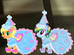 Size: 719x538 | Tagged: safe, applejack, rainbow dash, earth pony, pegasus, pony, g4, applejack also dresses in style, bow, clothes, dress, duo, duo female, ear piercing, female, flower, flower in hair, froufrou glittery lacy outfit, hat, hennin, jewelry, mare, necklace, piercing, princess, princess applejack, princess rainbow dash, puffy sleeves, rainbow dash always dresses in style