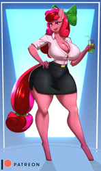 Size: 630x1064 | Tagged: safe, artist:tatemil, oc, oc only, oc:raspberry slush, anthro, unguligrade anthro, bow, breasts, clothes, drink, drinking straw, female, hair bow, skirt, solo, thick