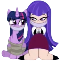 Size: 1502x1420 | Tagged: safe, artist:beckynatt, edit, twilight sparkle, alicorn, human, pony, g4, bondage, bound and gagged, calm, cloth gag, clothes, cropped, dc comics, dc superhero girls, duo, duo female, female, gag, help us, impressed, looking at each other, looking at someone, needs more jpeg, relaxed, ribbon bow tie, rope, rope bondage, shirt, simple background, sitting, skirt, smiling, smirk, tied up, transparent background, twilight sparkle (alicorn), waistcoat, zatanna, zee zatara