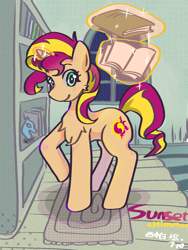 Size: 1080x1440 | Tagged: safe, artist:西帕west_hippa, sunset shimmer, pony, unicorn, g4, blushing, book, bookshelf, chest fluff, female, horn, looking at you, magic, mare, raised hoof, rug, smiling, solo, telekinesis, text, window