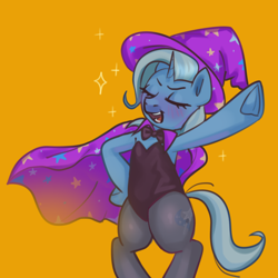 Size: 3000x3000 | Tagged: safe, artist:zigmeow, trixie, pony, unicorn, g4, bipedal, bunny suit, cape, clothes, cute, diatrixes, female, hat, horn, leotard, mare, orange background, simple background, solo, tights, trixie's cape, trixie's hat, trixie's leotard