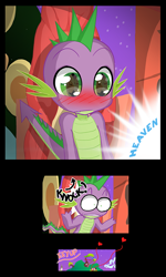 Size: 514x857 | Tagged: safe, artist:kawaindex, big macintosh, spike, dragon, g4, blushing, blushing profusely, golden oaks library, lewd, male, offscreen character, startled, tail erection, voyeurism