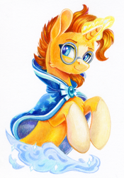 Size: 842x1200 | Tagged: safe, artist:maytee, sunburst, pony, unicorn, g4, cloak, clothes, coat markings, colored pencil drawing, commission, glasses, glowing, glowing horn, horn, male, simple background, smiling, socks (coat markings), solo, stallion, sunburst's cloak, sunburst's glasses, traditional art, white background