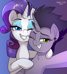 Size: 1092x1200 | Tagged: safe, artist:lennonblack, rarity, oc, oc:lennon black, pony, unicorn, g4, duo, gradient background, horn, one eye closed, selfie, wink