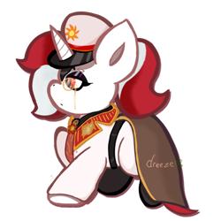 Size: 1872x1872 | Tagged: artist needed, safe, oc, oc only, oc:red rocket, pony, unicorn, badge, belt, boots, cape, chibi, clothes, collar, commission, cute, eyeshadow, glasses, hat, horn, makeup, necktie, ponytail, shoes, simple background, solar empire, solo, tiny, transparent background, ych result