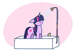 Size: 1380x940 | Tagged: safe, artist:purblehoers, twilight sparkle, pony, unicorn, g4, /bale/, abstract background, animated, bangs, bathtub, colored, cute, female, flat colors, floppy ears, gif, hair covering face, horn, mare, rubber duck, shower, showering, simple background, smiling, solo, standing, twiabetes, two toned background, unicorn twilight, water, wet, wet mane